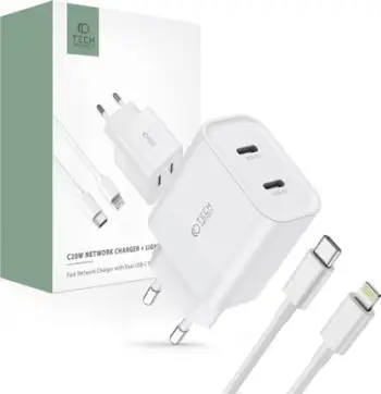 Karikues rrjeti Tech-Protect C20W, 20W PD, 2x USB-C me kabllo Lightning 1m, i bardhë