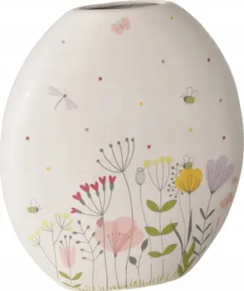 Vazo dekorative FLORINA Flower, qeramike, 31 cm, e bardhë me lule