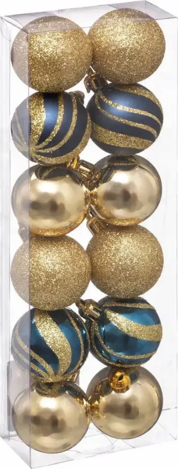 Toptha dekorative për pemë Krishtlindjesh, set 12 copë, diametër 4 cm, blu ari