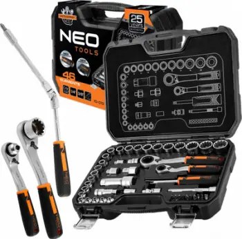 Set çelësa tuborë Neo Tools 10-019, 1/4" 3/8", 46 copë