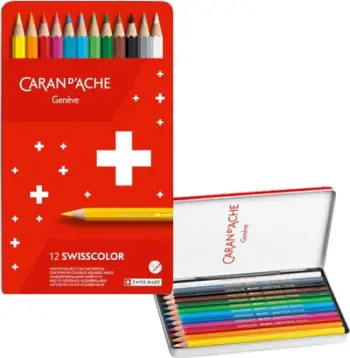 Set lapsa akuarel Caran d'Ache Swisscolor, 12 copa, kuti metalike, shumëngjyrësh