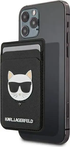 Portofol magnetik për telefon Karl Lagerfeld Saffiano Choupette Head, me xhepa kartash, i zi
