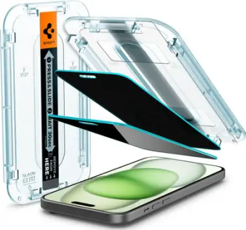 Xham mbrojtës Spigen Glass tR EZ Fit Privacy për iPhone 15 Plus, 2 copa, transparencë