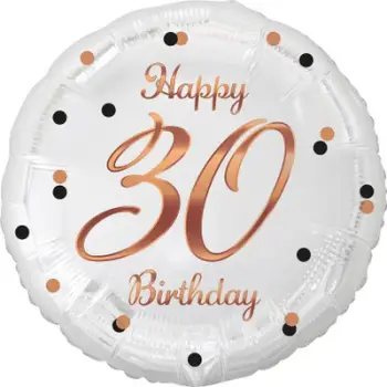 Balon folie Godan B&amp;C Happy 30 Birthday, 18", rrumbullak, e bardhë rozë ari