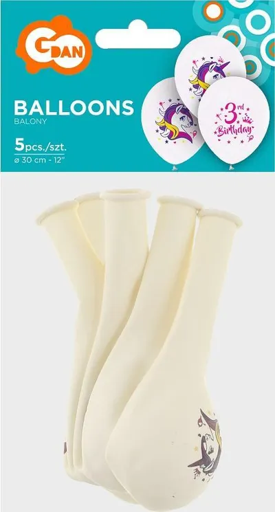 Balona Godan Unicorn 3rd Birthday, 30cm, set 5 copë, të bardha - 2