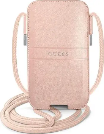 Çantë telefoni Guess GUPHLPSASBPI, 6.7", koleksioni Saffiano Stripe, rozë