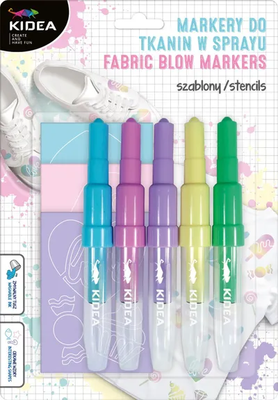 Set markera sprej për tekstil Derform Sweet Love, 5 ngjyra pastel, me shabllone - 1