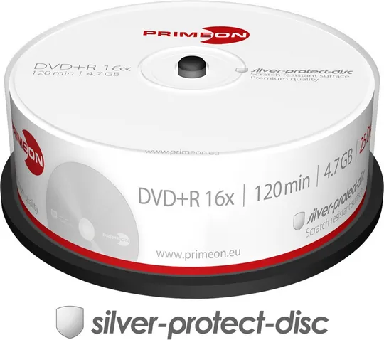 Disk DVD+R Primeon 2761223, 4.7GB, 25 copë spindle, sipërfaqe silver matte - 1