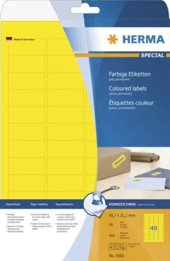 Etiketa vetëngjitëse Herma Color Labels 4366, A4, 960 copë, e verdhë mat