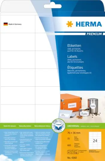 Etiketa vetëngjitëse Herma Premium 4360, format A4, 600 copë, të bardha mat