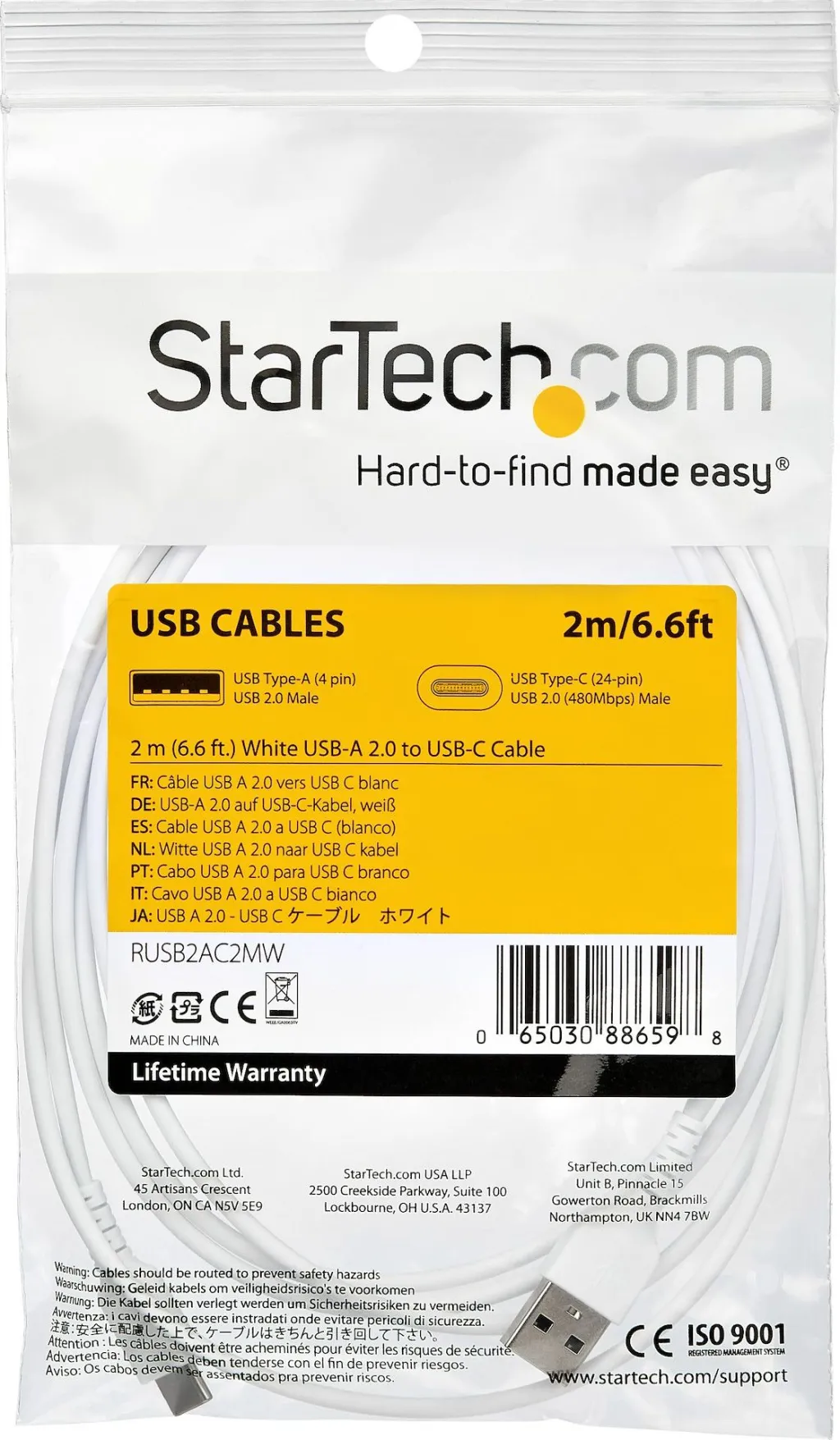 Kabllo karikues USB StarTech.com 2m, USB A në USB C, USB 2.0, e bardhë - 5