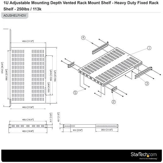 Raft serveri StarTech.com 1U 4-Post, 19.5-38" i rregullueshëm, deri 150 kg, i zi - 3