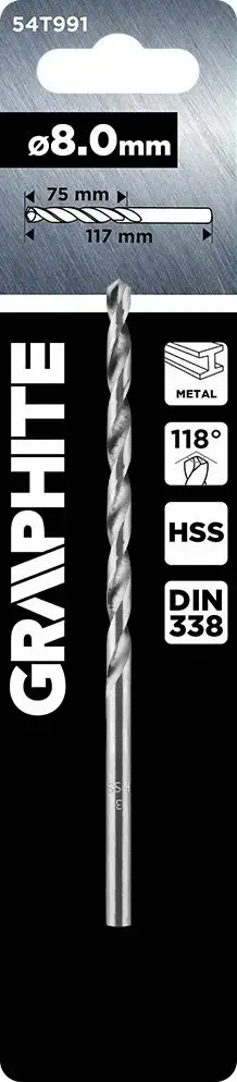 Burgji për metal Graphite 54T991, HSS DIN 338, 8 mm, 117 mm, 1 copë