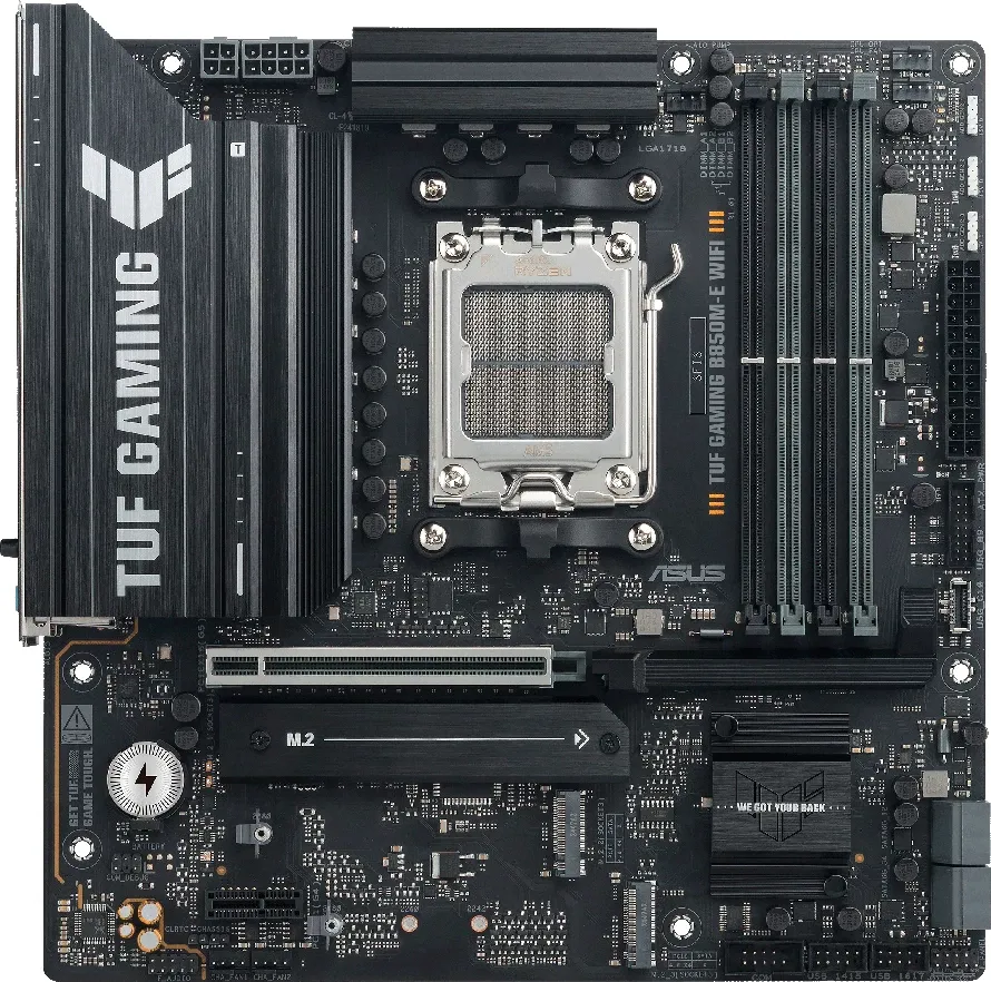 Pllakë amë ASUS TUF Gaming B850M-E WIFI, AM5, mATX, DDR5 4xDIMM, 3x M.2, 4x SATA, PCIe 5.0, 2.5GbE, WiFi 6E, Bluetooth 5.3 - 1