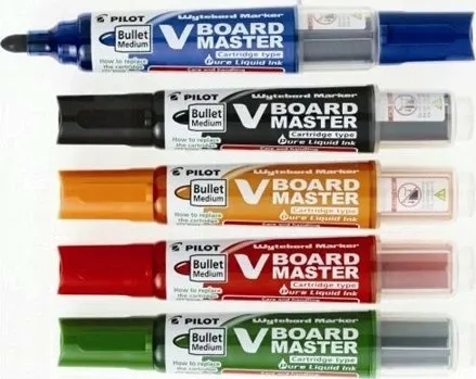 Marker për tabelë të bardhë Pilot V-Board Master M, vijë 2.3 mm / majë 6 mm, set 5 copë + sfungjer magnetik, shumëngjyrësh - 6
