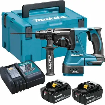 Çekiç shpues rrotullues Makita DHR242RTJ 18V, SDS-Plus, 2.0J, 2x5.0Ah, me karikues, MAKPAC, blu