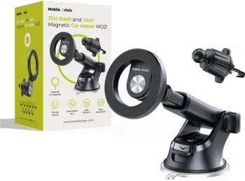 Mbajtës magnetik për celular në veturë Mobile Origin MO21, 2n1 dash/vent, MagSafe, rrotullim 360°, 4-7", i zi, set me thithëse dhe klips ventilimi