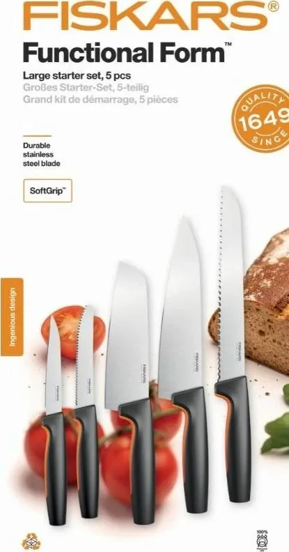 Set thikash kuzhine Fiskars Functional Form 1057558, 5 copë, zi/portokalli - 2