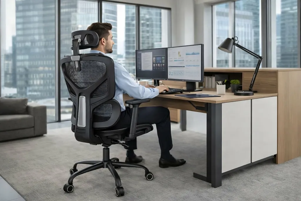 Karrige zyre ergonomike Mozos Ergo-V, rregullim 46-56 cm, rrjetë ajrosëse, mbështetëse krahu 3D, e zezë - 8