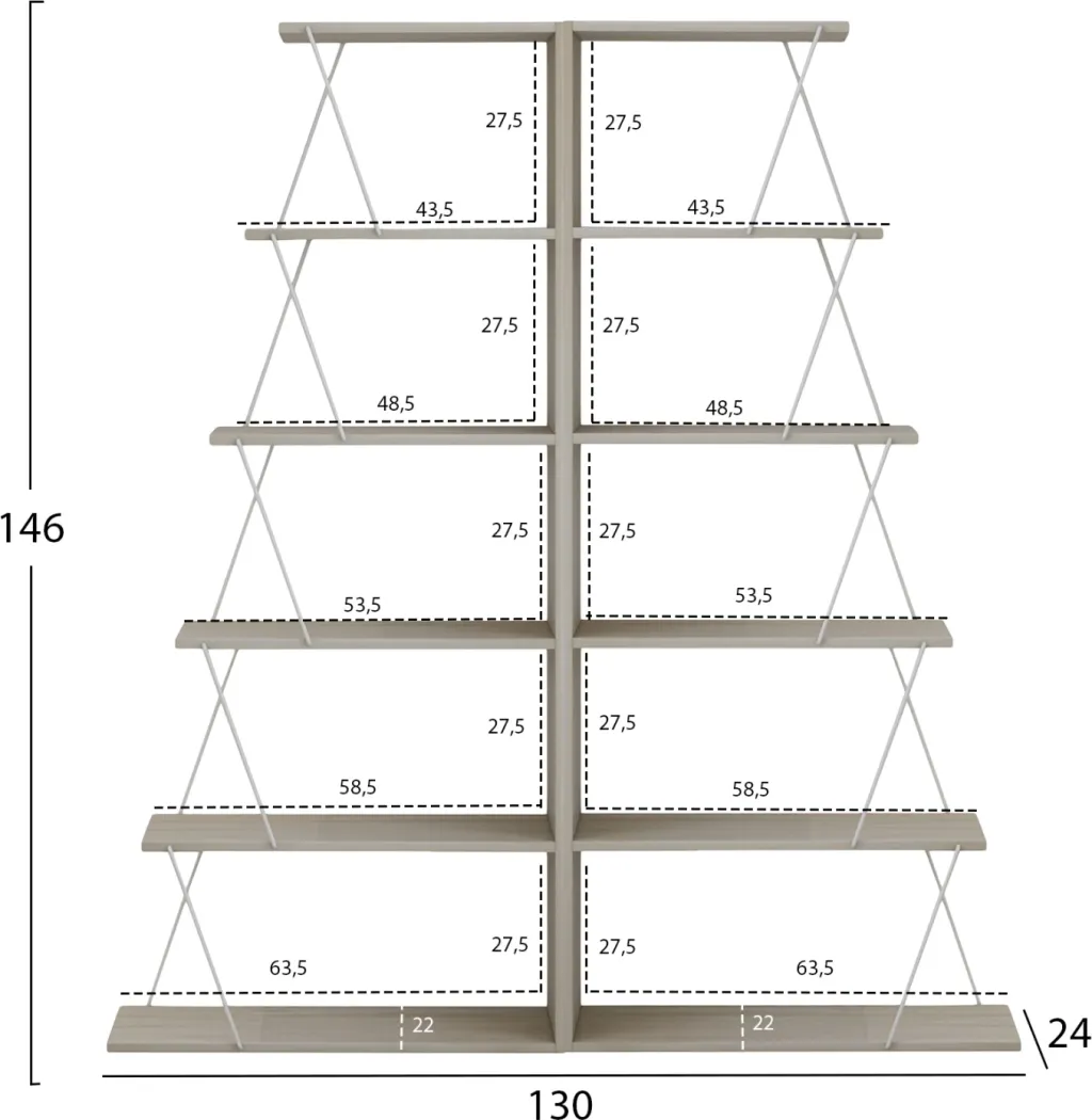 Raft librash 2 copë set, ngjyrë sonama, shufra metali të bardha, FH11772.11, 65x24x146 cm - 2