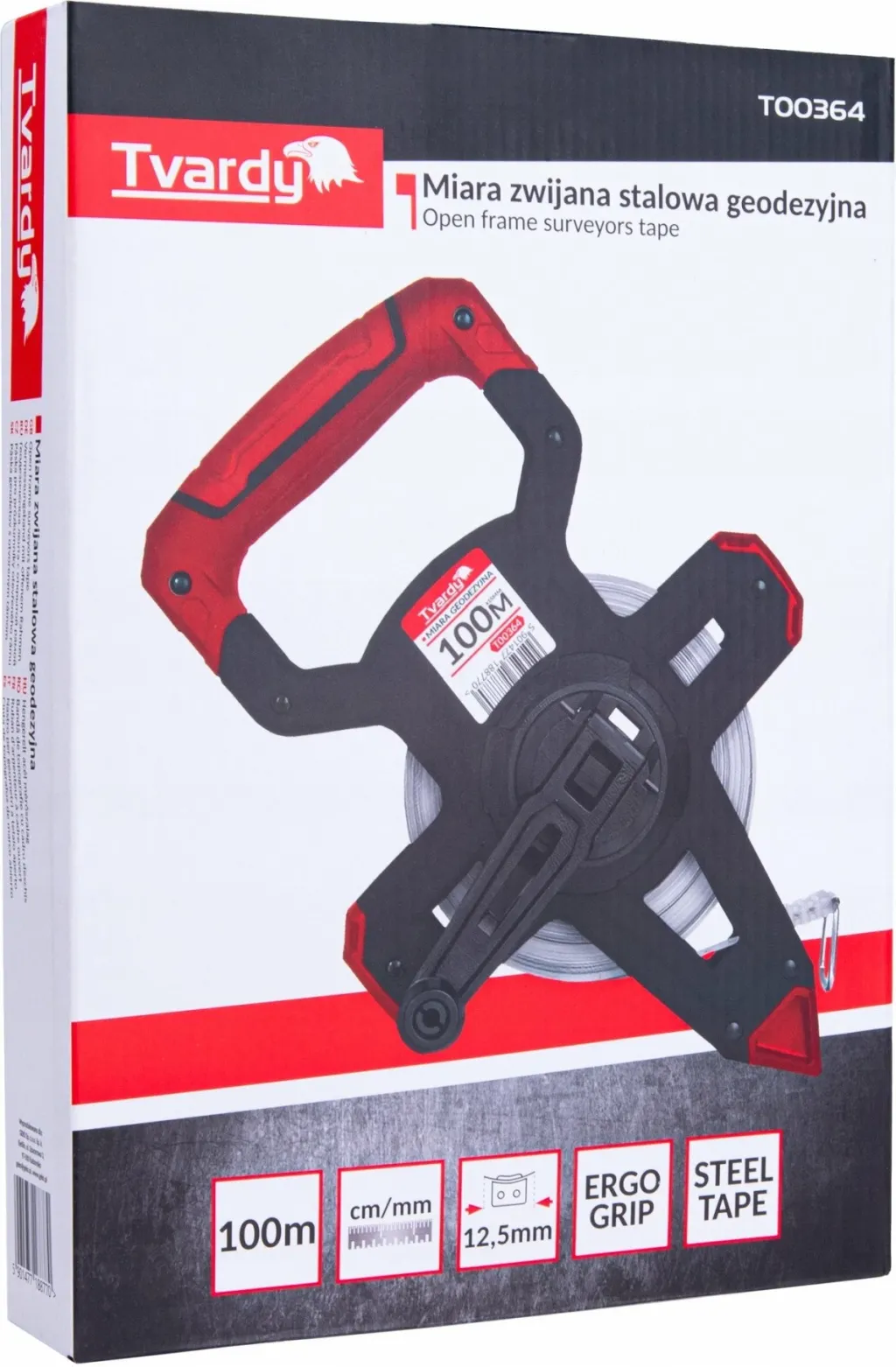 Metër shirit çeliku Tvardy T00364 100 m, 12.5 mm, cm/mm, kuqe/zezë, paketim 10 copë - 2