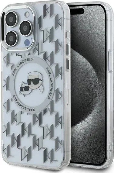 Mbështjellës Karl Lagerfeld IML Monogram Karl & Choupette Head MagSafe për iPhone 15 Pro, Transparent - 1