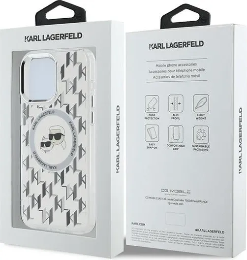 Mbështjellës Karl Lagerfeld IML Monogram Karl & Choupette Head MagSafe për iPhone 15 Pro, Transparent - 8