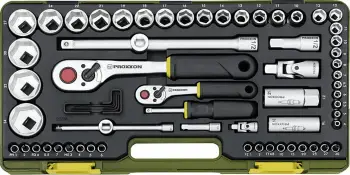 Set veglash Proxxon PR23286, 65 copë, 1/4\" & 1/2\", në valixhe plastike