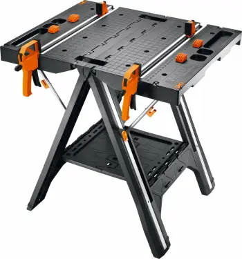 Tavolinë pune Worx Pegasus WX051 78x63 cm, palosëse, 136 kg, zi/portokalli, set me 2 klema + 4 konektorë