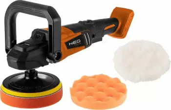 Polerka akumulatorike NEO Energy+ 18V 04-602, 150 mm, brushless, portokalli/zi, set me 3 jastëkë (pa bateri/karikues)