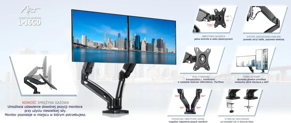 Mbajtëse tavoline për 2 monitorë Art RAMM L-16GD 13\"-27\", VESA 75x75/100x100, gaz-spring, e zezë - 3
