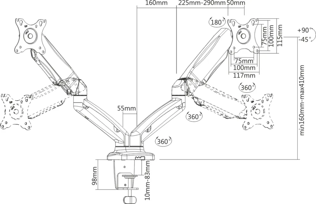 Mbajtëse tavoline për 2 monitorë Art RAMM L-16GD 13\"-27\", VESA 75x75/100x100, gaz-spring, e zezë - 4