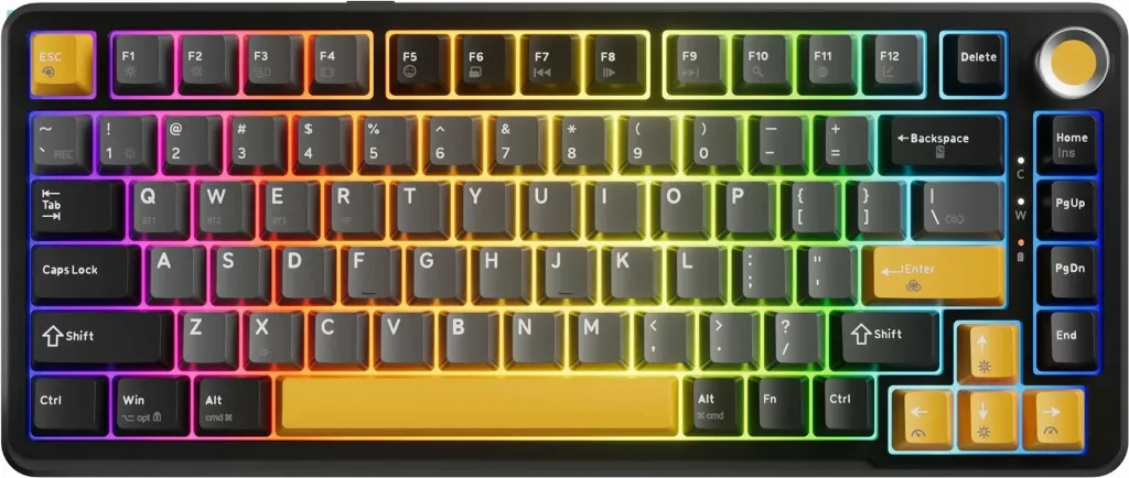 Tastierë mekanike wireless Marvo Titan 75 (KG985W), 75% 82 taste, RGB, tri-mode USB-C/2.4G/Bluetooth 5.0, Banana Crystal switch të verdhë, bateri 4000 mAh, US layout, e zezë, set me adapter 2.4G + kabllo USB-C + vegël 2-në-1 - 1