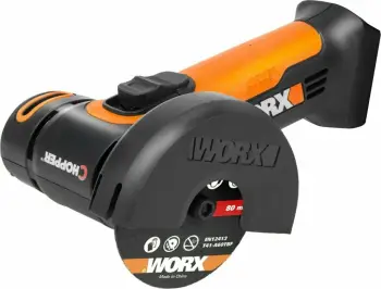 Brus këndore mini Worx WX801.9 20V 76mm, pa bateri/karikues, set disqesh, portokalli/zi