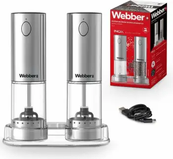 Mulli elektrik piper & kripë Webber 05MK41, USB-C i rikarikueshëm, 2x70 ml, me LED, argjend, set 2 copë