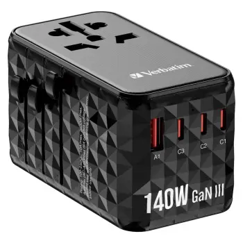 Adapter universal për udhëtim Verbatim GaN III 140W UTA-10 3xUSB-C & 1xUSB-A – Zezë