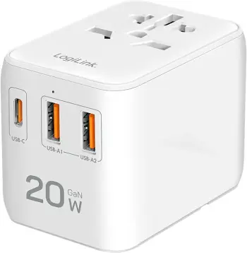 Adapter udhëtimi LogiLink PA0356, 20W GaN, USB-C dhe 2x USB-A, i bardhë