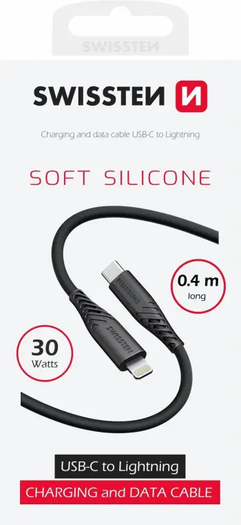 Kabllo USB Swissten Soft Silicone, USB C në Lightning, 0.4m, i zi