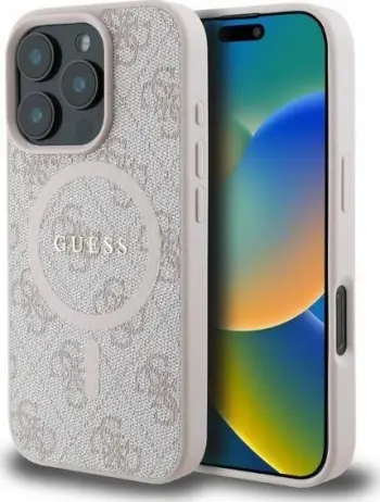 Këllëf telefoni Guess Leather 4G Ring Classic Logo për iPhone 16 Pro Max, hardcase, rozë