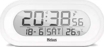 Orë alarmi digjitale Mebus 25808, ekran i kaltër, matje temperature °C, e bardhë