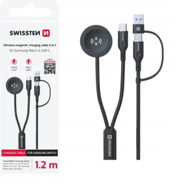 Kabllo karikimi Swissten Wireless Magnetic 2 in 1, për Samsung Watch dhe USB C, 1.2m, e zezë