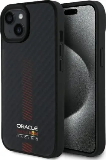 Mbulesë telefoni Red Bull Carbon Fiber Power Bar MagSafe për iPhone 15, efekt karboni, e zezë