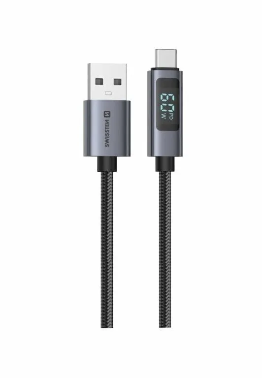 Kabllo USB Swissten LCD, USB A në USB C, 1m, 60W, e zezë - 1