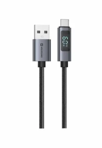 Kabllo USB Swissten LCD, USB A në USB C, 1m, 60W, e zezë