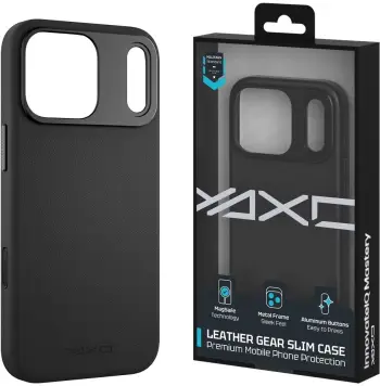 Kllëf telefoni YAXO Leather Gear Slim për iPhone 17 Pro, MagSafe, lëkurë eko, i zi
