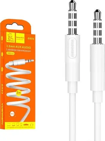 Kabllo audio stereo Denmen DX02, 3.5 mm jack në jack, 2m, e bardhë