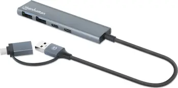 Hub USB Manhattan Combo, 4 porta, USB-A dhe USB-C, gri