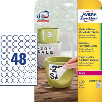 Etiketa rrethore Avery Zweckform L4716REV 20, Ø 30mm, të papërshkueshme nga uji, të bardha