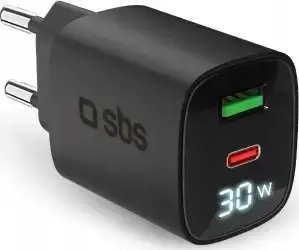 Karikues udhëtimi SBS Travel Charger PD GaN, 30W USB C, 18W USB, me ekran LCD, i zi