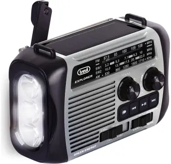 Radio portative Trevi RA 7F30 BT, solar dhe dinamo, USB MicroSD wireless, gri e zezë